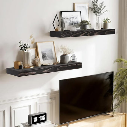 17x8x1.6 inch Floating Shelves Set of 2 – Solid Wood Rustic Black Wall Mounted - Image 2
