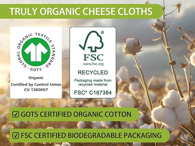 Organic Cheese Cloths, GOTS Certified, 15PCS, Grade 100, 20x20Inch Hemmed Cheese Cloth Fabric Reusable Fine Mesh Cloth, 100% Cotton Unbleached Muslin Cheesecloth for Straining, Cooking, Liquid, Tofu