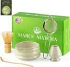 Marce Matcha Whisk Set- Matcha Set includes Matcha Whisk and Bowl (Bowl with Spout), Sifter, Holder and Scoop- The Perfect Bamboo Whisk for Matcha Tea (Molted Green)