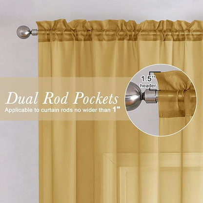 Gold Sheer Curtains 90 Inches Long 2 Panels Set, Living Room Curtains - Image 6