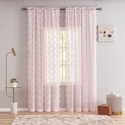 YJ YANJUN Vintage Lace Curtains 84 Inches Long- Pretty Pastel Floral Pink Sheer - Image 3