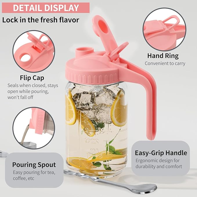 64oz Glass Pitcher with Lid &Pour Spout - 2 Quart Breastmilk Pitcher Double Leak Proof, Creamer Container for Sun Tea, Juice, Cold Brew Coffee, Breastmilk Storage Container -Pink Lid