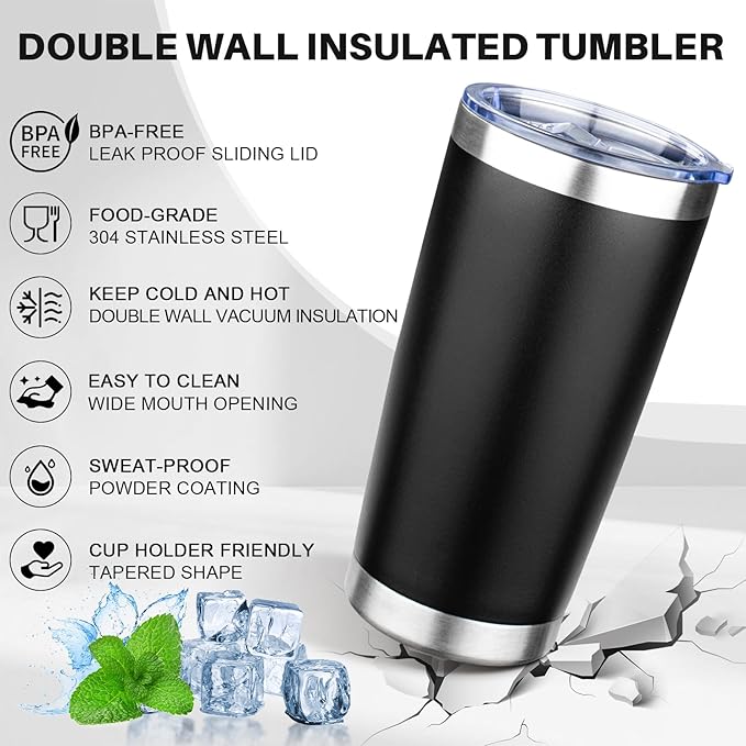 20oz Tumbler with Lid Double Wall Vacuum Insulated Travel Coffee Mug Stainless Steel Thermal Cup Powder Coated Sturdy Coffee Tumbler for Hot and Cold Beverage (Black,1)