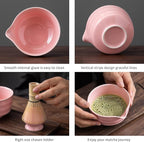 Matcha Set, Matcha Whisk Set Includes Matcha Bowl with Spout, Bamboo Whisk, Matcha Whisk Holder, Sifter, Scoop, Spoon Holder, Tea Towel- 7pcs Perfect Matcha Kit for Matcha Tea Ceremony (Pink)