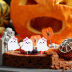Whaline 48Pcs Halloween Cupcake Toppers Pink Bow Ghost Cupcake Picks Cute Ghost Cake Decorations for Halloween Birthday Party Supplies