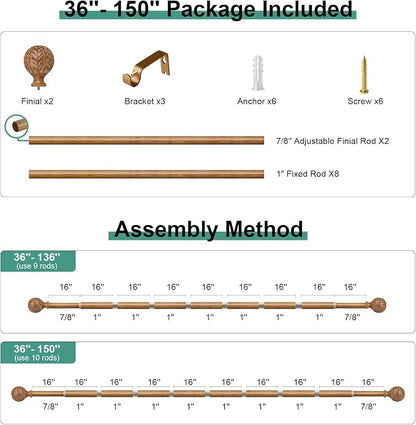 QDWIS Boho Wood Curtain Rods for Windows 72 to 144 inch, Rustic Decorative - Image 8