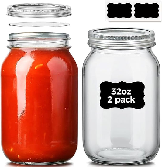 ComSaf Wide Mouth Mason Jars 32 oz with Lids 2 Pcs, Quart Mason Jars with Seal Band, Large Glass Jar, Big Canning Containers for Pickles, Jams, Sauces, Salsa, Sourdough, Salad, Suntea, Food Storage