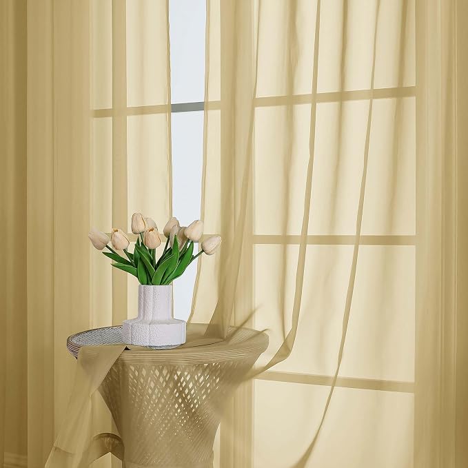 Sheer Gold Curtains, Sheer Curtains 63 inch Length 2 Panels Set, Rod Pocket - Image 6