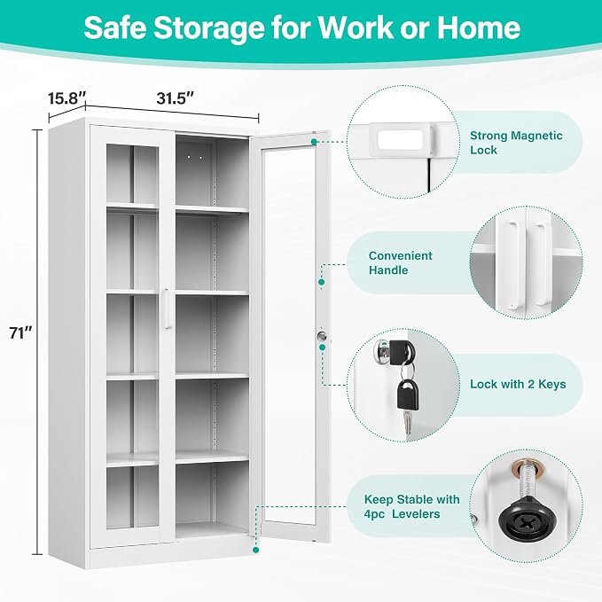Metal Storage Cabinet with Lock and Glass Doors, Locking Curio Cabinets with 5 - Image 3