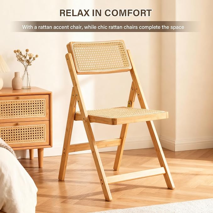 Furlide Rattan Folding Chairs, Modern Mid Century Dining Chairs Set of 2 - Image 7
