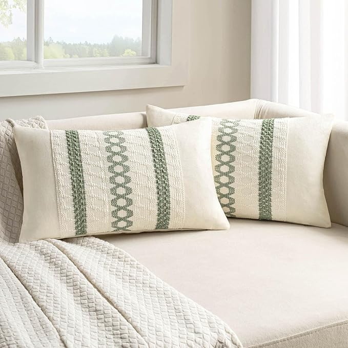 MIULEE Set of 2 Sage Green Boho Decorative Lumbar Pillow Covers 12x20 Inch | by MIULEE
