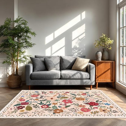 5x7 Area Rugs for Living Room Clearance Washable Boho Area Rug, Vintage Floral - Image 2