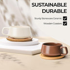 MIAMIO – 11 Oz., Set of 4 Ceramic Tea Cup and Saucer Bamboo/Tea Mug - Wide Cappuccino Cup, Coffee Cups Ceramic Mug for Cappuccino, Latte, Espresso & Americano - Luxe Collection (Beige Pastel)