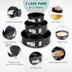 SHIKORI Cake Pan Set for Baking, Non-Stick Springform Pans Set of 3 (4, 7, 9 inch), Round Cake Pans,Cheesecake Pan, Leak-Proof Cake Pans with Removable Bottom-Black 3 Pcs