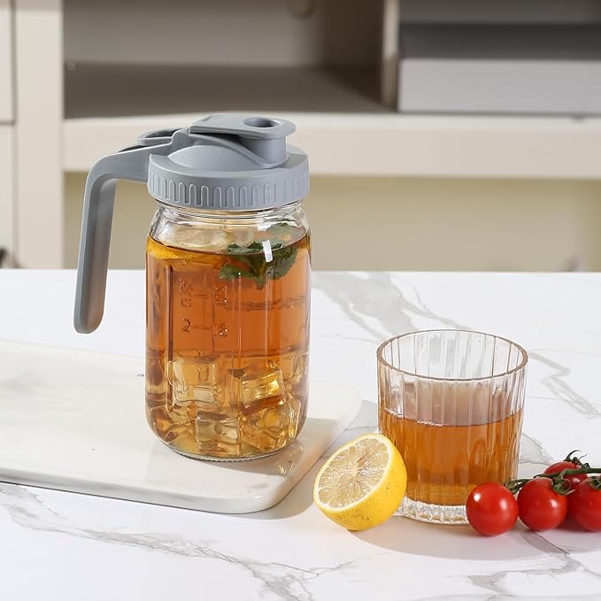 Glass Mason Jar Pitcher with Pour Spout Handle Lid, Breast Milk Pitcher Jug for Ice Tea, Cold Brew Coffee, Fridge Water, Juices, Leak Proof Storage Container (32oz 2Pack)