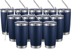 COMOOO 20oz Double Wall Vacuum Insulated Travel Mug Bulk Stainless Steel Tumbler with Lid and Straw Durable Powder Coated Insulated Coffee Cup for Cold & Hot Drinks (Navy, 12 pack