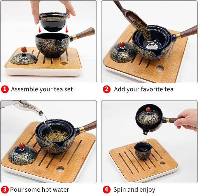 LURRIER Porcelain Chinese Gongfu Tea Set,Portable Teapot Set with 360 Rotation Tea maker and Infuser,Portable All in One Gift Bag for Travel,Home,Gifting,Outdoor and Office (Sakura)
