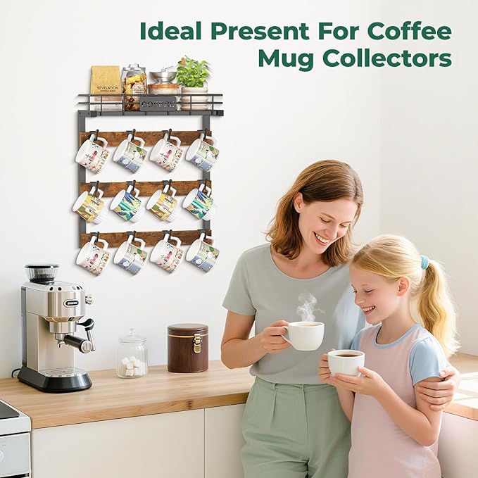 EsLuker.ly Coffee Mug Holder Wall Mounted Display Rack, Black Metal Cup Hanger Organizer with 12 Movable Plastic Hooks, Wood Rustic Shelf for Coffee Bar Home Kitchen, Thoughtful Wall Storage