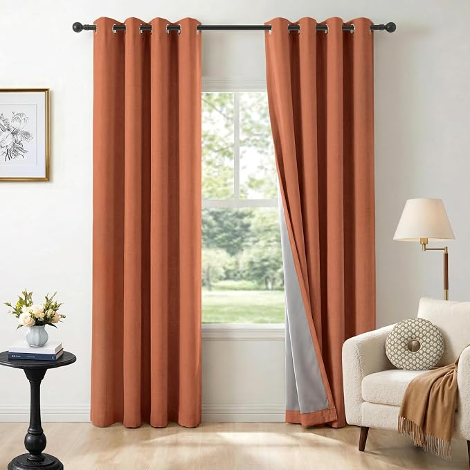 100% Blackout Linen Textured Curtains 72 Inch Long, Light Blocking, Thermal by 100BlackoutShield