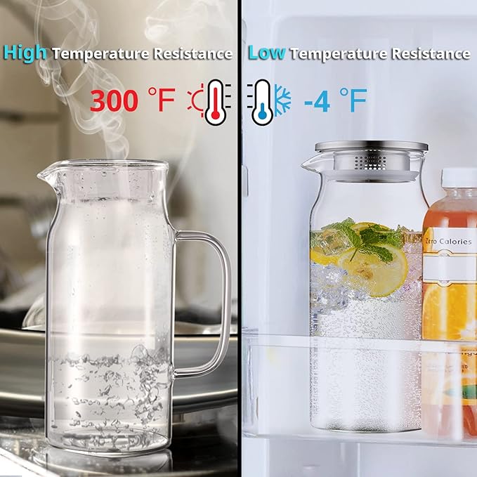 2 Pack 2 Liter 68 oz 2.1 Qt Glass Pitcher with Lid and Spout, Bivvclaz Water Pitcher for Fridge, Glass Carafe for Hot/Cold Water, Large Iced Tea Pitcher for Coffee, Juice and Homemade Beverage