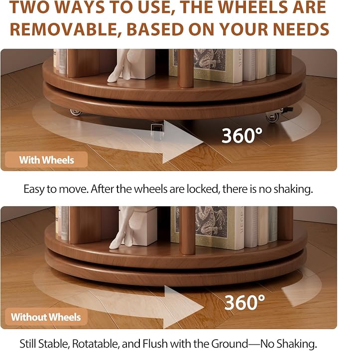 Muwuele Solid Wood Rotating Bookshelf on Wheels, 5 Tier, Round Revolving - Image 5