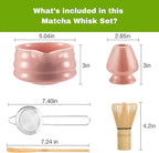 Marce Matcha Whisk Set- Matcha Set includes Matcha Whisk and Bowl with Spout, Sifter, Holder and Scoop- The Perfect Bamboo Whisk for Matcha Tea (Pink)