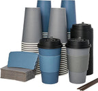 LITOPAK 100 Pack 16 oz Disposable Paper Coffee Cups with Lids, Sleeves and Stirring Sticks for Hot Coffee, Water or Juice, Blue and Gray Hot Paper Cups for Cafes, schools, offices, shops