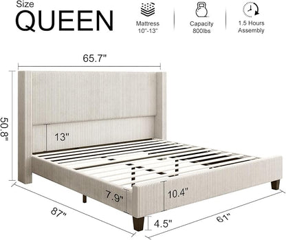 HOWE Queen Size Bed Frame with 50.8" Tall Wingback Headboard, Modern Corduroy - Image 2