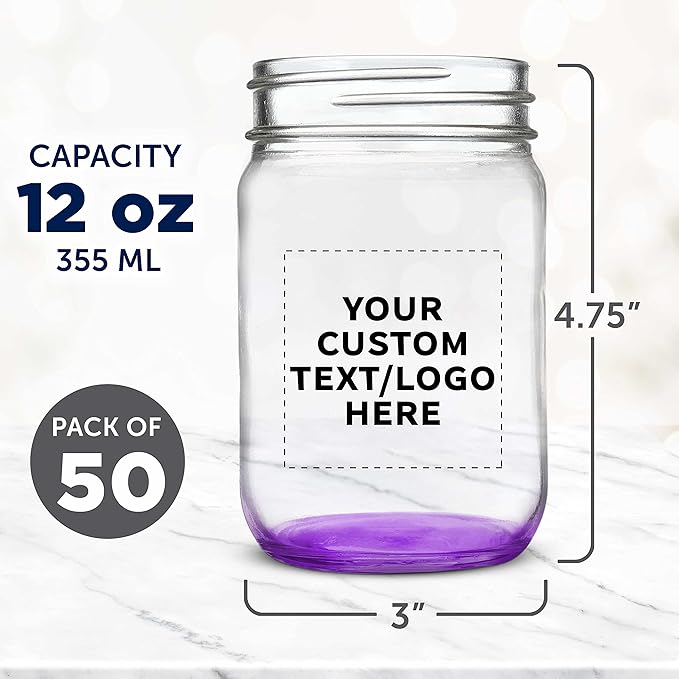 DISCOUNT PROMOS Custom Decorating Mason Jars 12 oz. Set of 50, Personalized Bulk Pack - Glass Jars for Overnight Oats, Candies, Fruits, Pickles, Spices, Beverages - Purple