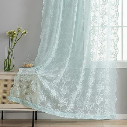 YJ YANJUN Vintage Lace Curtains 96 Inches Long-Victorian Floral Pattern Aqua - Image 4