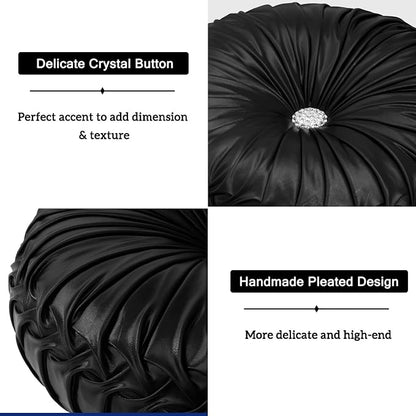 HIG Set of 2 Black Metallic Leather Decorative Round Pleated Throw Pillows | - Image 4