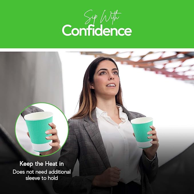 Restaurantware 12 Ounce Ripple Wall Disposable Coffee Cups, 500 Insulated Midnight Light Green Paper Tumblers with Rolled Rim Design, Lids Sold Separately for Hot Drinks like Tea, Hot Chocolate