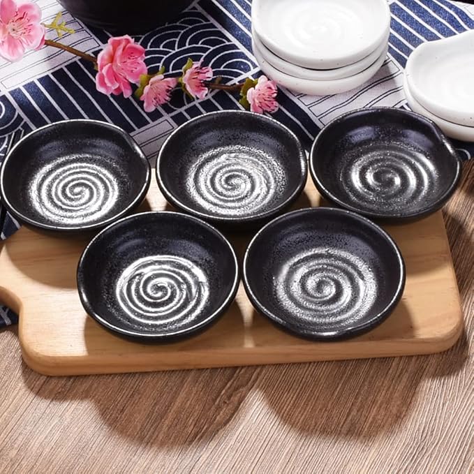 3.1 Inch Porcelain Side Dish Bowl Seasoning Dishes Soy Sauce Dishes Dipping Sauce Bowls-Set of 5,Soy Sauce Dish with Mouth (Black)