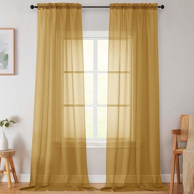 Extra Long Sheer Gold Curtains for Bedroom Living Room 120 Inches Long 2 Panels by WelvetBLK