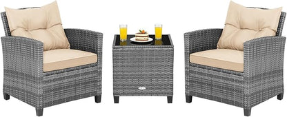 COSTWAY 3PCS Patio Furniture Set, PE Rattan Wicker Sofa w/Washable Cushion and by COSTWAY