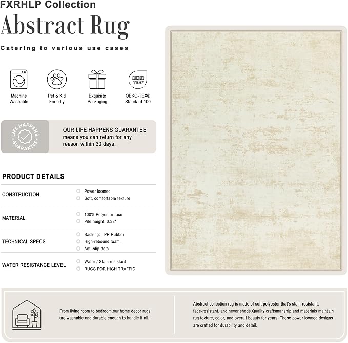 9x12 Area Rug Living Room: Modern Washable Indoor Soft Carpet Beige | - Image 2
