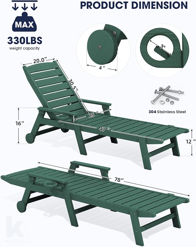 KINGYES HDPE Lounge Chair Outdoor Set of 2, Patio Chaise Lounge Recliner - Image 2