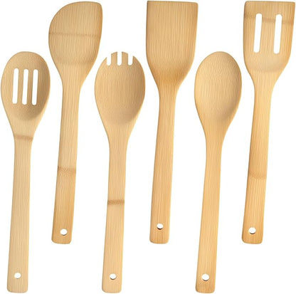 HANSGO Bamboo Wooden Spoons for Cooking 6-Piece, Nonstick Bamboo Kitchen Utensils Set Wood Spatulas Spoons for Daily Use, Housewarming Gifts