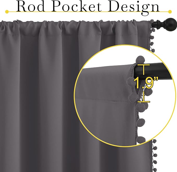 NICETOWN 2 Panels Blackout Curtains, Rod Pocket Pompoms Curtains 84 inches - Image 3