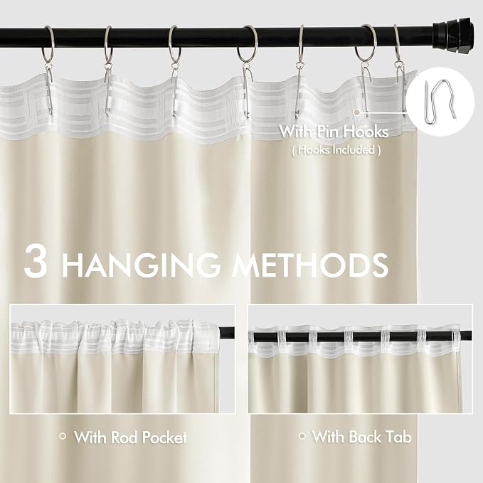 MIULEE Beige White Back Tab Blackout Curtains 52x96 Inch Long 2 Panels Set | - Image 3