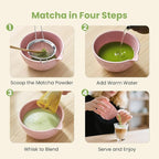 Matcha Whisk Set, Ceramic Matcha Set Includes Matcha Bowl, Whisk & Holder, Scoop, Sifter, Spoon, Scoop Rest, Tea Mat, Hand Book - 9 Pcs Kit for Matcha Lovers (Pink)
