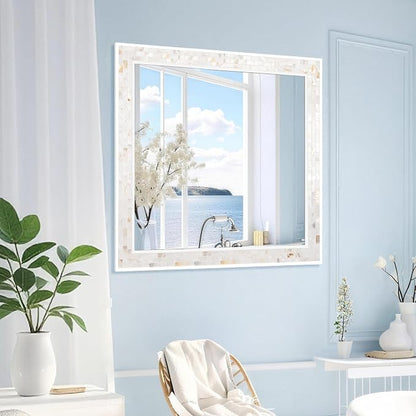 Tanmicoshomy 30 x 30 Inch White Rectangle Wall Mirror, Natural Shell Framed - Image 6