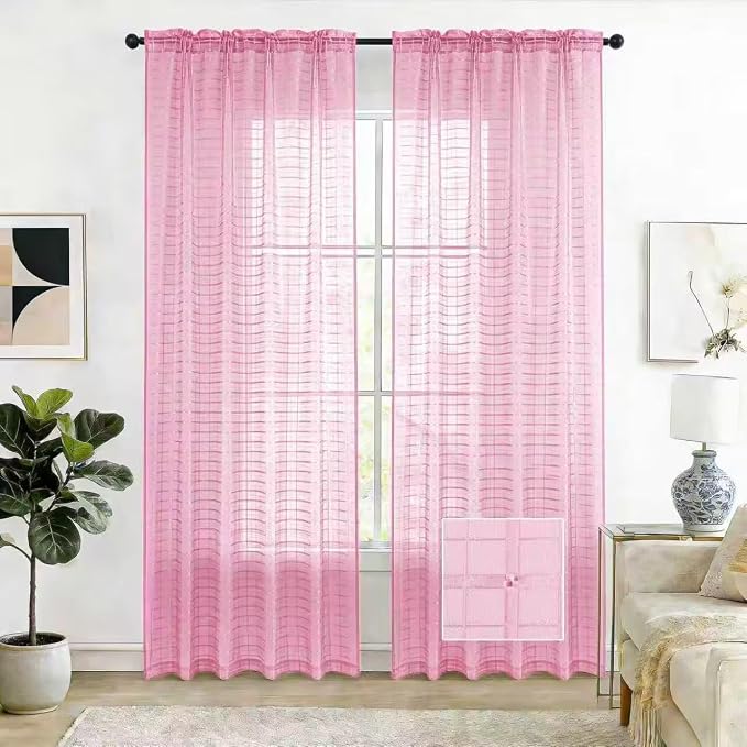 SpaceDresser Check Sheer Curtains 45 Inches 2 Panels Set, Rod Pocket Plaid by SpaceDresser