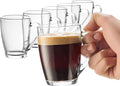 Bormioli Rocco Glass Coffee Mug Set, (6 Pack) 10¾ Ounce with Convenient Handle, Tea Glasses for Hot/Cold Beverages, Thermal Shock Resistant, Tempered Glass, for Cappuccino, Latte, Espresso, clear.