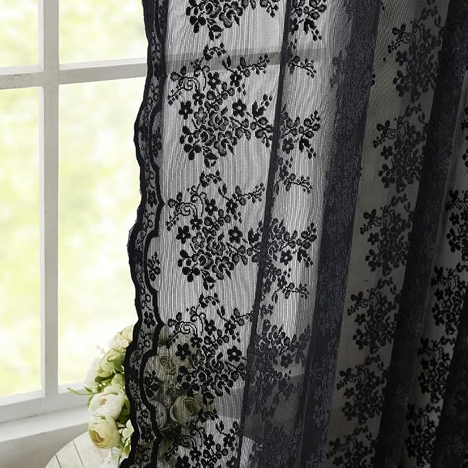 YJ YANJUN Vintage Lace Curtains 84 Inches Long-Victorian Floral Pattern Black - Image 5