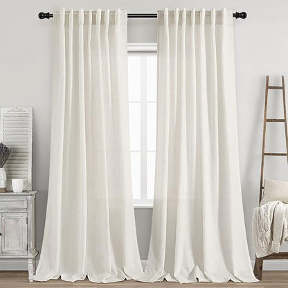 Cream Linen Curtains 99 Inches Long 2 Panels Set Back Tab Rod Pocket Semi Sheer by Nanspring