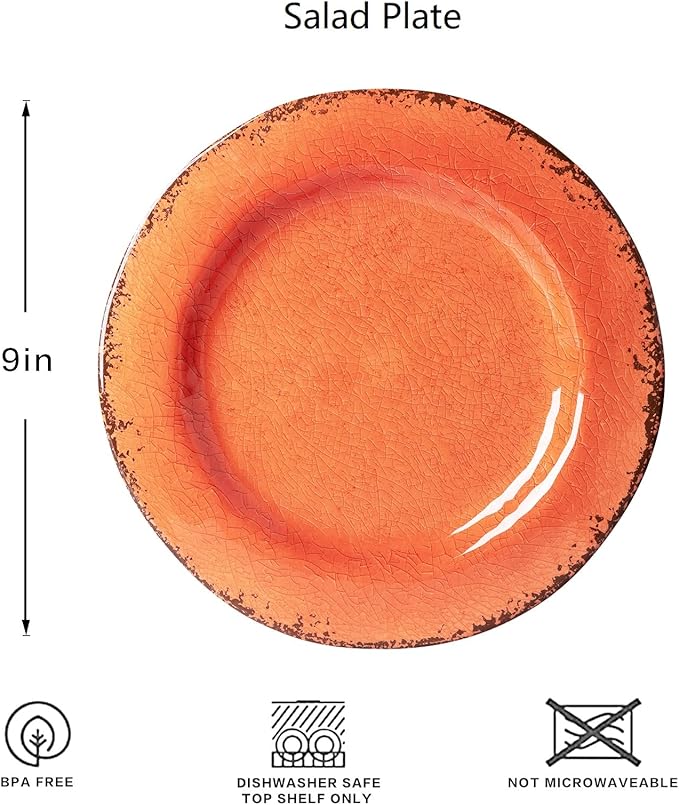 LEHAHA Melamine Salad/Dessert Plates, Crackled Design Plates Set of 6, 9 inch Small Dinner Plates, Modern Rustic Kitchen Serving Dishes for Party, Picnic and Camping Use, Orange