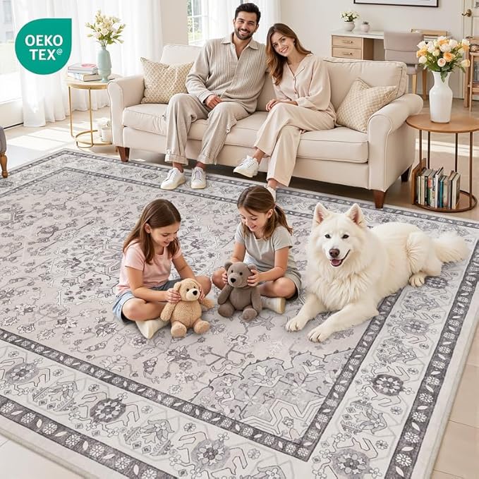 Area Rugs 9x12 Living Room: Bedroom Washable Carpet Beige & Grey | Large - Image 7