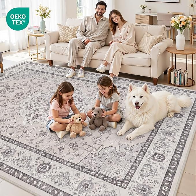 6x9 Area Rugs Living Room: Bedroom Washable Carpet Beige & Grey | Large Vintage - Image 8