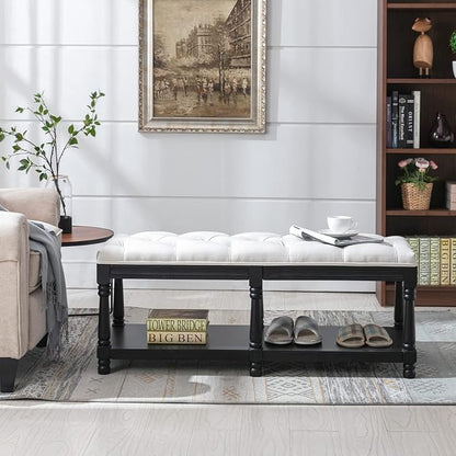 Farmhouse Storage Bench Wooden Entryway Linen Upholstered Ottoman Button Tufted - Image 4